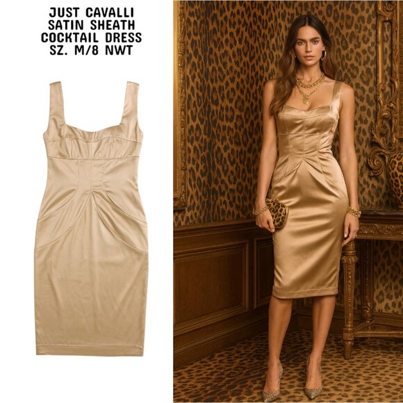 JUST CAVALLI CHAMPAGNE SATIN SHEATH COCKTAIL PARTY DRESS M/8 NWT - Picture 1 of 5